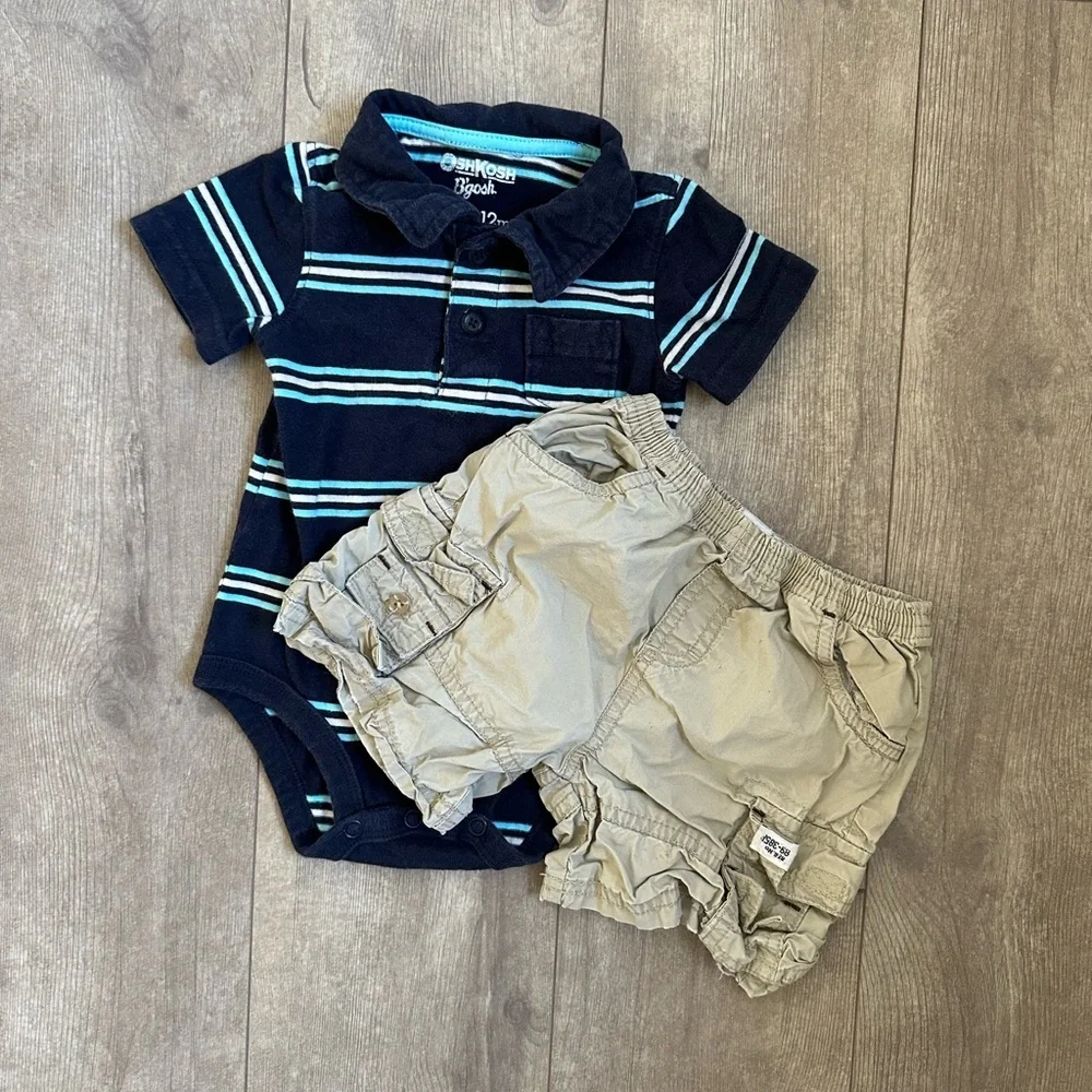 Y2K OshKosh Stripe Polo + Place Cargo Shorts Set 12 Months Baby Boy